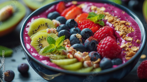  AI-captured close-up of a colorful and refreshing smoothie bowl, adorned with fresh fruits and toppings, inviting viewers to experience the healthful and delightful world of vibrant food choices.