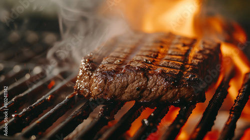 
 AI-captured close-up of a sizzling steak on a grill, with mouthwatering grill marks and juicy tenderness, evoking the aroma of a perfectly cooked meal.