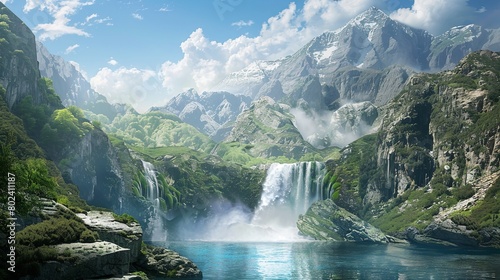 Cascading Waterfall in Mountain Landscape. Generative AI