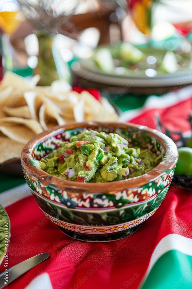 Bowl of Guacamole on Festive Cinco De Mayo Table Bowl of Guacamole on Festive Cinco De Mayo Table