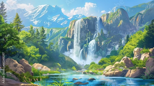 Majestic Waterfall in Mountain Landscape. Generative AI © Анатолий Савицкий