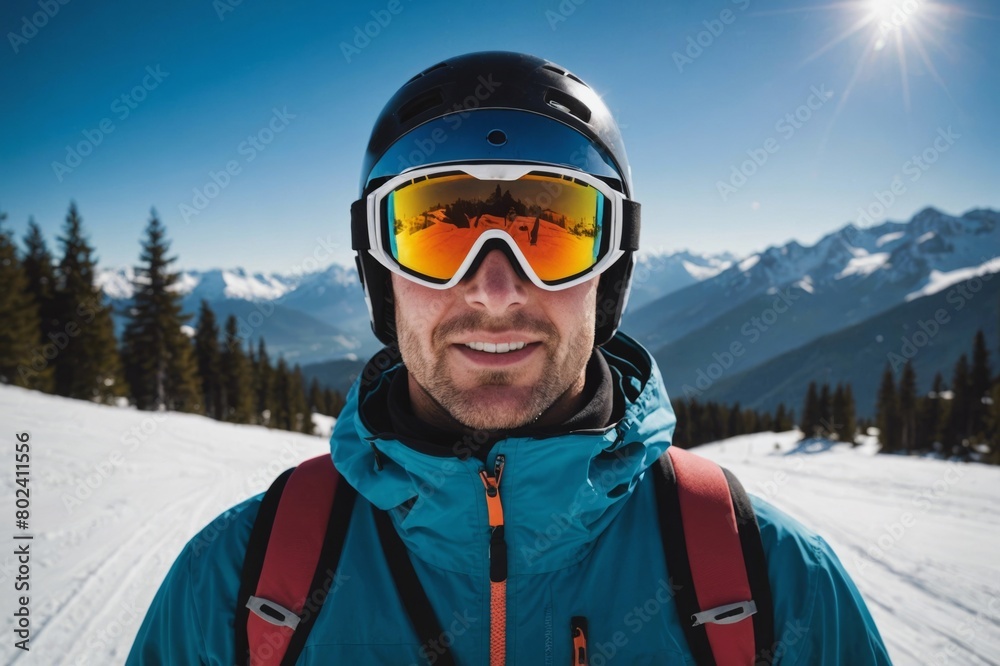 Portrait of a skier wearing googles after a fun day of skiing. Portrait of a skier wearing googles after a fun day of skiing.