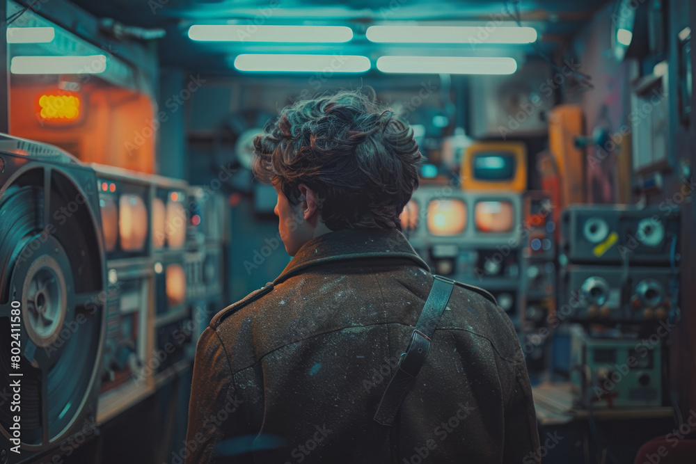 An individual whose face is replaced by an old film reel, scenes flickering as it unwinds, in a vintage cinema, An individual whose face is replaced by an old film reel, scenes flickering as it unwinds, in a vintage cinema,