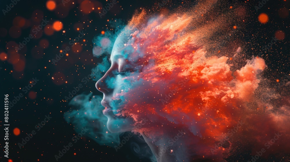 A close-up of a womans face with vibrant smoke swirling out of her mouth, nose, and eyes, creating an abstract and colorful effect
