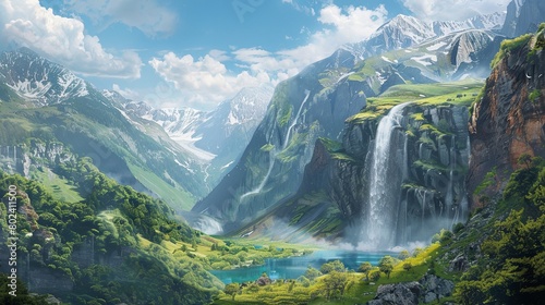 Majestic Waterfall in the Mountain Range. Generative AI photo