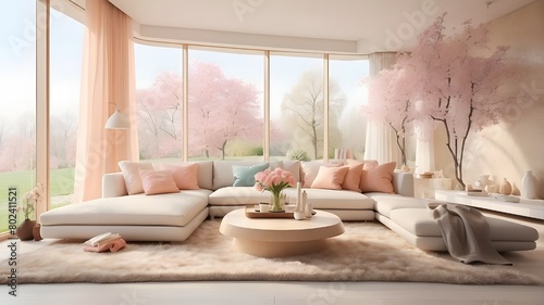 contemporary interior with hazy springtime scenes