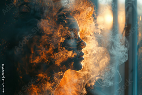 A portrait of a figure with a head of swirling smoke, gradually dispersing into the air, in a dimly lit room,