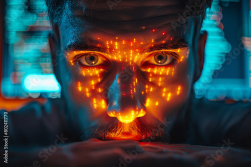 A cyber security expert in a high-tech office  their face obscured by the glow of a monitor displaying firewalls 