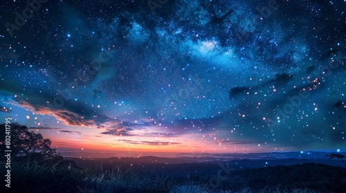 Craft an image depicting paradise where the sky is adorned with shiny stars that twinkle in the velvet night