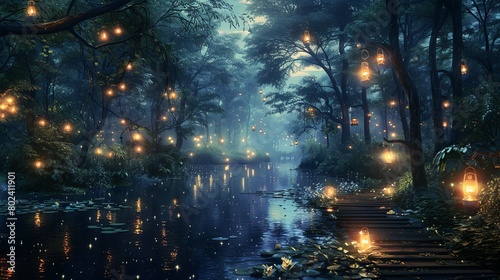 Craft an image depicting paradise where winding pathways are illuminated by the glow of lanterns
