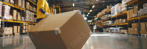 Delivery service in warehouse or distribution, cardboard box and man pushing a cart parcel.