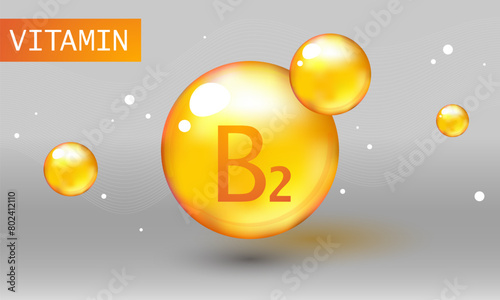 Vitamin gold shining pill capsule icon. Nutrition sign vector concept. The power of vitamin B2. Chemical formula. Vitamin B2 gold essence. Riboflavin drop pill vitamin treatment. Golden vector natural