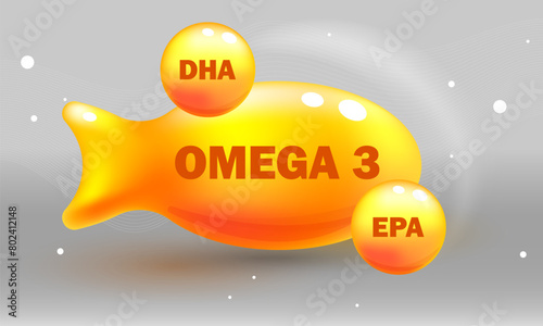 Vitamin sign, symbol. Omega 3 fish oil. Vector illustration. Omega-3 Fatty Acids gold shining pill capsule icon. Vitamin complex with Chemical formula Dietary supplement. Shining golden substance drop