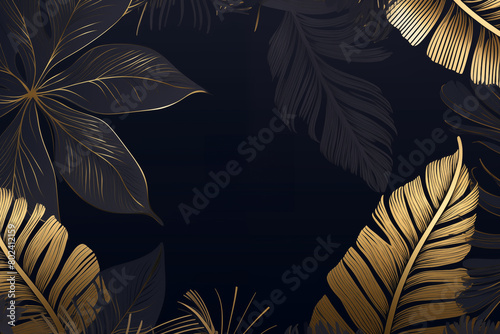 Luxurious and exotic black and gold leaves border with copy space in the middle