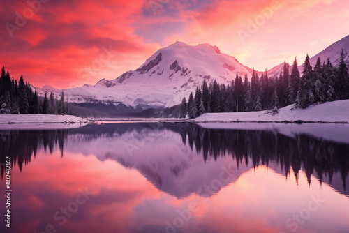 sunrise over the mountains covered in snow