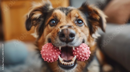 Craft an image depicting pets gnawing on chew toys to keep their teeth healthy and strong photo