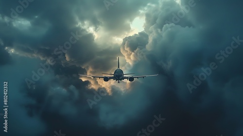 A plane flying through a cloudy sky with a beam of sunlight shining through.