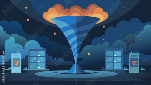 The image of a gargantuan typhoon appearing like a giant funnel cloud consuming the sky loomed over the observatorys screens causing the astronomers. photo