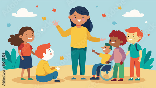 A parent volunteer leading a game during recess where students are randomly assigned different abilities and disabilities to promote understanding and. Vector illustration