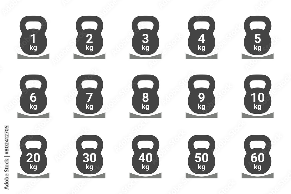 Set of icons of kettlebells with a number of maximum kg load limit. Monochrome signs for design of product description, instructions, warnings