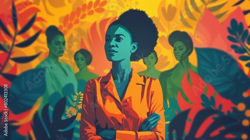 Craft an image of a businesswoman standing in solidarity with her community