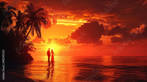 Two Individuals Standing on Beach at Sunset. Generative AI © Анатолий Савицкий