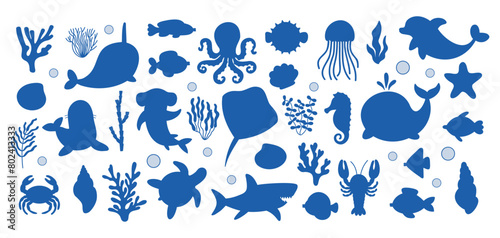 Stencil sea life animals, shells, corals, seaweed. Silhouette ocean icons. Flat vector illustration