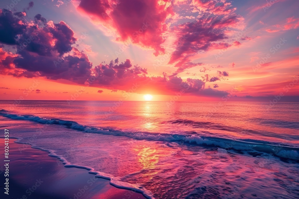 Colorful sunset over the ocean, beautiful sky with red and purple clouds and reflection on the water.