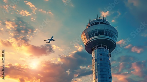A plane flying past a control tower with a blue and yellow cloudy sky as the backdrop.