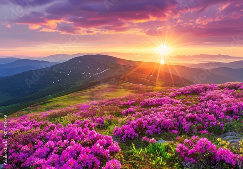  Colorful sunrise in the mountains with blooming purple rhododendron flowers on a grassy hill 