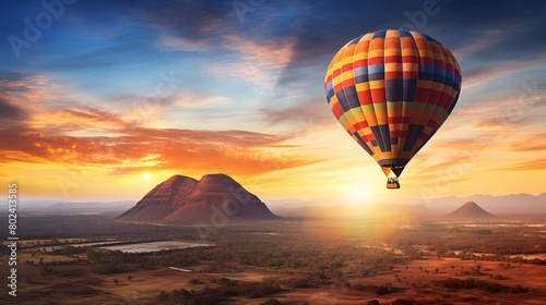 Colorful Hot Air Balloons Flying Over the earth Teotihuacan Mexico and looking so wonderful with sunlight and airy background