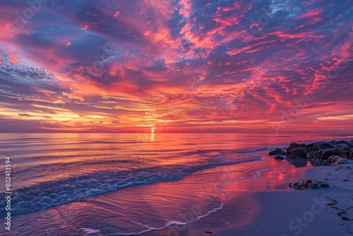 Colorful sunset over the ocean, beautiful sky with red and purple clouds and reflection on the water.