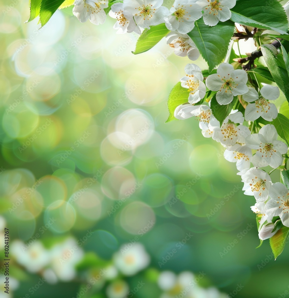   White flowers on the branches of a cherry tree with spring background .