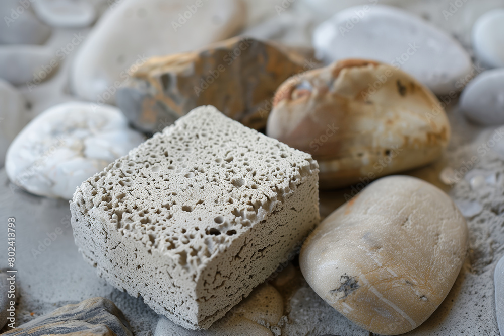Contrasting aerated porous stone resting amidst smooth and patterned river rocks Contrasting aerated porous stone resting amidst smooth and patterned river rocks