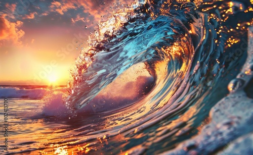 Colorful wave at sunset   view of the inside of an ocean wave with a golden sun setting.