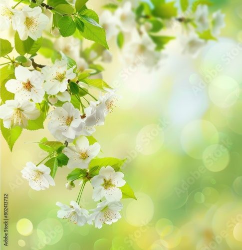  White flowers on the branches of a cherry tree with spring background .