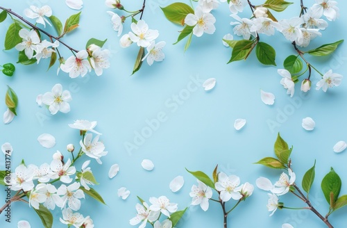  White blossoming cherry flowers tree branches and leaves on blue pastel background. © Image