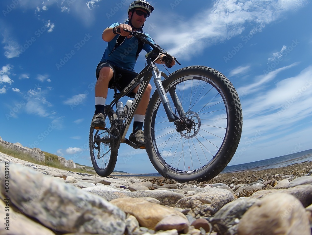 Cyclist riding a mountain bike on rocky beach terrain against a scenic coastal backdrop.