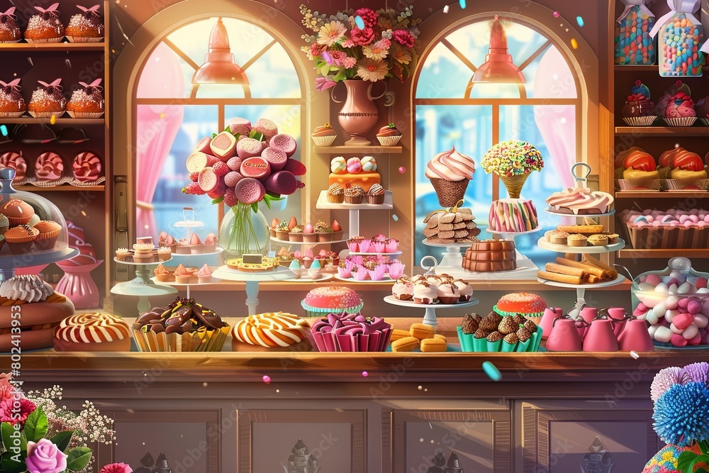 Bustling Bakery Filled With Cakes and Cupcakes. Generative AI