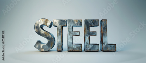 Polished steel 'Steel' word on a plain background, denoting strength, industry, and modernism photo