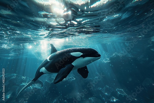 Killer whale swims in underwater world