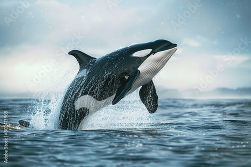 Killer whale jumping from blue pacific ocean