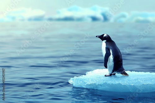 Penguin on a floe drifting through ocean