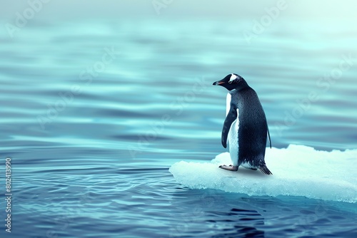 Penguin on a floe drifting through ocean