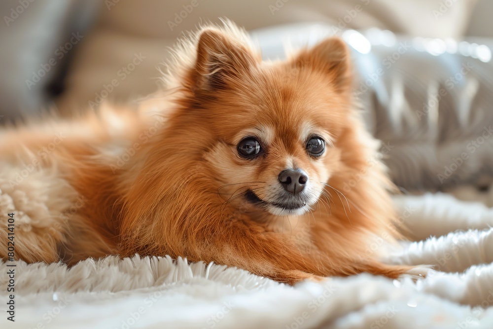 Pomeranian spitz lying on dog bed at home Pomeranian spitz lying on dog bed at home