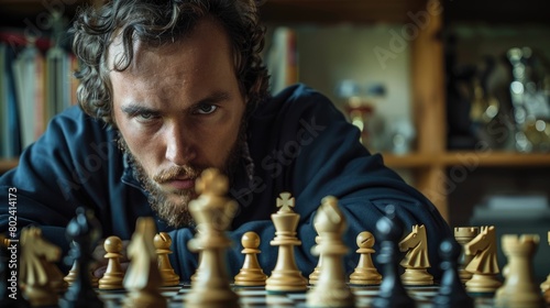 The picture of the chess player focus on the chess board game and thinking the next move on the board, the chess game require strategic planning skill, calculation ability and time management. AIG43.