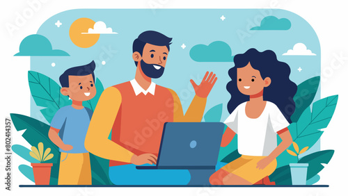 During a family vacation a father who is deaf uses a video relay service on his laptop to communicate with his children who use American Sign. Vector illustration