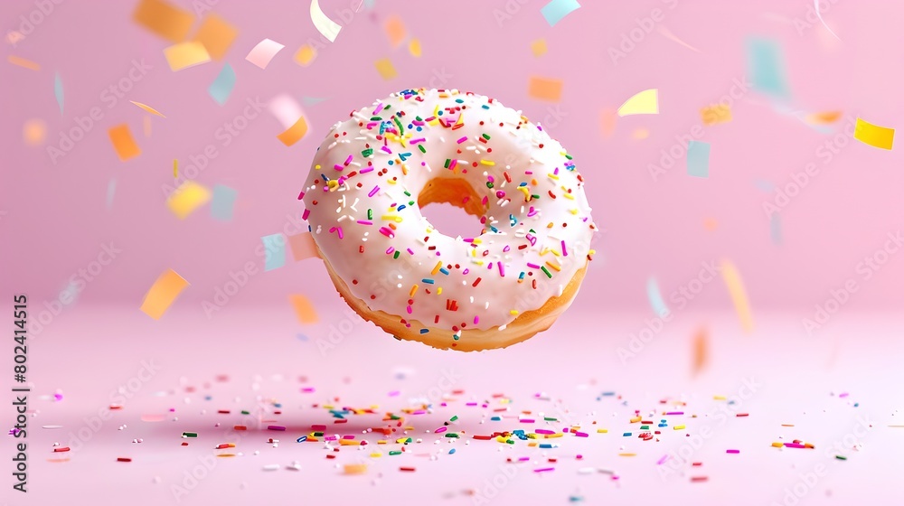 A delicious donut with sprinkles suspended in mid-air, vibrant confetti adds festive flair. Ideal for party-themed creative projects. A sweet treat frozen in time. AI A delicious donut with sprinkles suspended in mid-air, vibrant confetti adds festive flair. Ideal for party-themed creative projects. A sweet treat frozen in time. AI