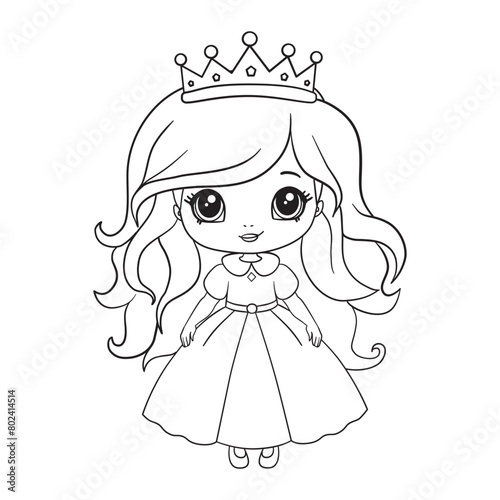 A cute little princess in a dress with a crown. A coloring book page with a colorful template for children. Vector isolated illustration.