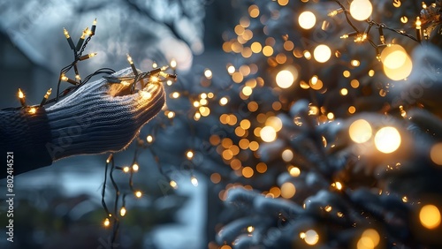 Person adjusting vintage string lights outdoors at night for holiday decoration. Concept Holiday Decorations, Outdoor Lighting, Vintage Aesthetic, Nighttime Photography, Festive Atmosphere